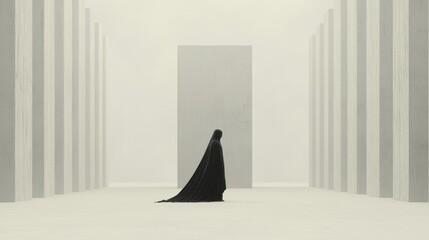 Poster - Ethereal figure in minimalist space abstract gallery digital art quiet environment side view contemplation