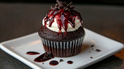 Aufkleber - Close-up shot of a black forest cupcake featuring luscious chocolate drizzle on a white plate, creating an inviting and tempting dessert display