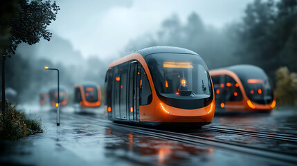 Poster - Modern trams navigating through rainy urban landscape dynamic transportation scene city environment atmospheric viewpoint innovation in public transit
