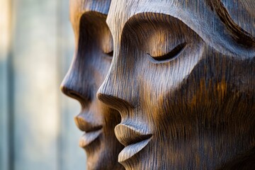 Intricate wooden sculpture of two faces expressing serene harmony in natural light