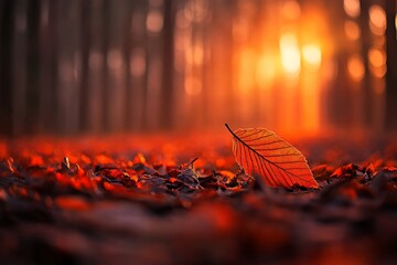 Poster - A single autumn leaf sits on the ground, showcasing vibrant hues of orange and red. Soft light enhances its texture against a tranquil forest backdrop at sunset