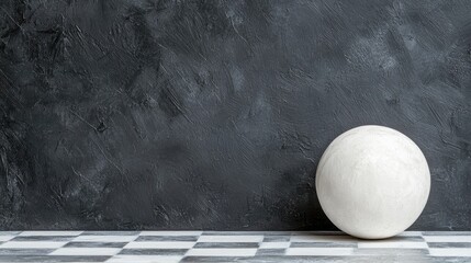 Wall Mural - White sphere against dark wall, checkered floor