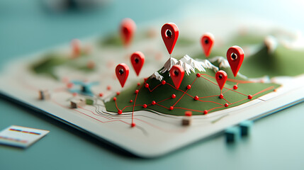Poster - Exploring geographic points of interest on a detailed map scenic mountain landscape digital illustration innovative perspective adventure exploration
