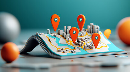 Poster - Interactive map with location pins urban environment 3d visualization creative concept unique perspective for enhanced navigation experience