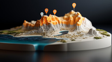 Poster - 3d terrain model of mountain landscape with location markers digital art isolated environment close-up view geographic representation for seo strategy