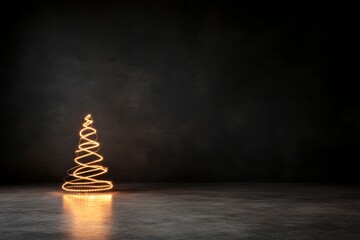 Leinwandbilder - A sleek, minimalist Christmas tree crafted from thin gold lines stands illuminated against a deep black background, creating a festive and modern ambiance