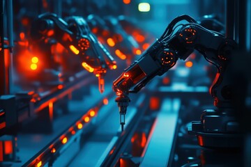 Poster - High-tech robotic arms working in a modern industrial facility at night