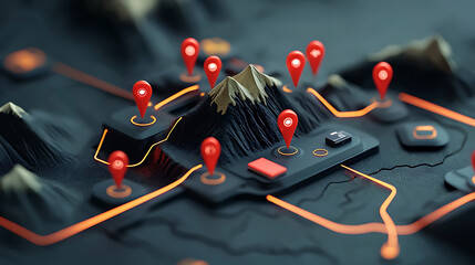 Poster - Mapping strategies adventure planning mountainous terrain digital illustration vibrant environment aerial view adventure and exploration concepts