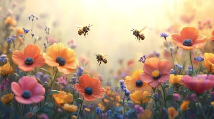 Wall Mural - Colorful flowers attract bees in a vibrant garden during golden hour