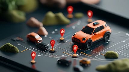 Poster - Miniature car navigation simulation urban setting digital artwork high-tech environment close-up perspective future mobility concept