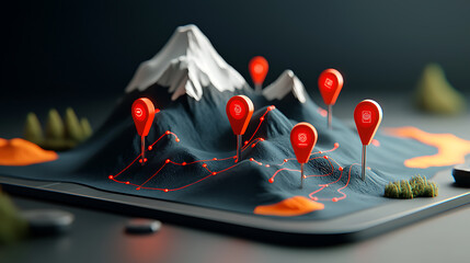 Poster - Exploring mountain trails with interactive map markers digital landscape close-up view innovative cartography concept