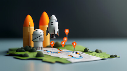 Poster - Rocket launching from map with navigation points creative studio setting 3d model display innovative environment dynamic perspective journey concept