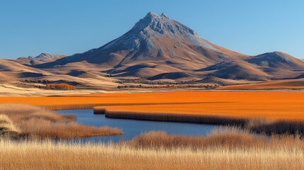 Autumnal mountain lake, golden fields, clear sky, scenic landscape, nature photography