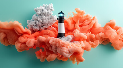Poster - Lighthouse surrounded by colorful clouds coastal art installation digital illustration vibrant environment abstract viewpoint creative concept
