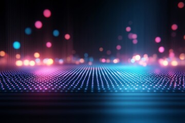Fototapete - A dynamic composition showcases pulsating dots and flowing waves in bright neon colors, illustrating the energy of cyber technology with a clear copy space on the right