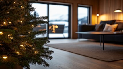 Aufkleber - A single Christmas tree adorned with sparkling ornaments and glimmering lights creates a warm atmosphere in a cozy living room corner during the festive season