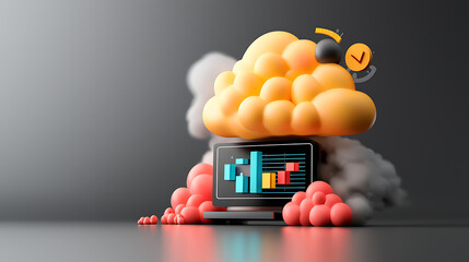 Poster - Dynamic cloud computing visualization with data analytics on laptop in creative studio environment concept of modern technology and innovation