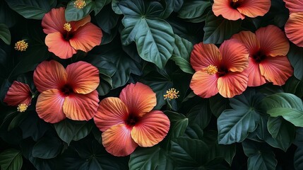 Wall Mural - Vibrant hibiscus flowers in assorted colors surrounded by lush green leaves in a tropical garden setting