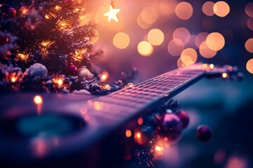 Poster - Unique guitar-shaped Christmas tree decorated with bright ornaments and twinkling lights brings a joyful spirit to holiday celebrations with vibrant colors