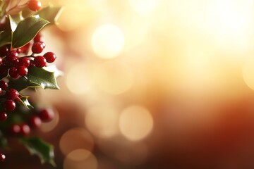 Aufkleber - Glittering holly leaves and vibrant berries are illuminated against a warm background, setting a festive and elegant tone ideal for holiday projects