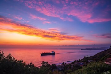 Wall Mural - dramatic sunset over the ocean with cargo ship coastal landscape tranquil seascape vibrant colors