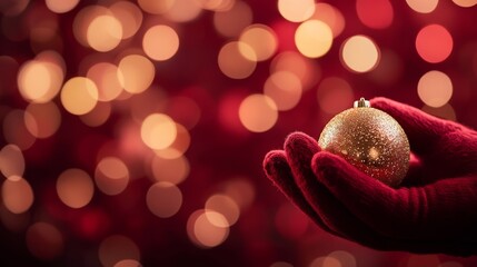 Aufkleber - A festive hand of Santa Claus in a red glove delicately holds a shimmering gold ornament, creating a joyful atmosphere on a bright red background