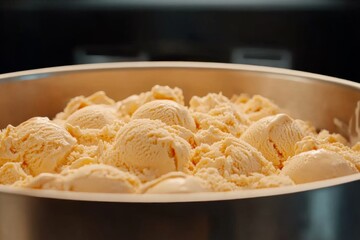 Aufkleber - Enjoy a close-up view of a bowl filled with creamy vanilla ice cream featuring real vanilla beans, invitingly illuminated to highlight its smooth texture