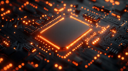 Poster - Close-up of a computer circuit board illuminated by orange lights