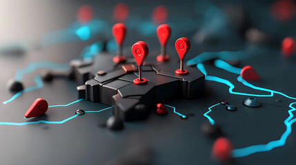 Poster - Mapping locations with red pins on digital interface virtual environment 3d visualization tech concept for enhanced navigation and geolocation insights