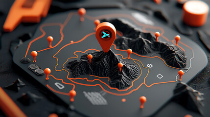 Poster - 3d topographic map with navigation pin digital landscape geographical data visualization abstract environment close-up perspective modern mapping concept