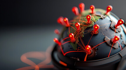 Poster - Global connectivity visualizing network data on a 3d globe with red pins in a dark environment