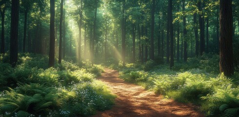  Serene Forest Path with Sun Rays, Lush Green Foliage, Misty Evening Light and Tranquil Nature Atmosphere