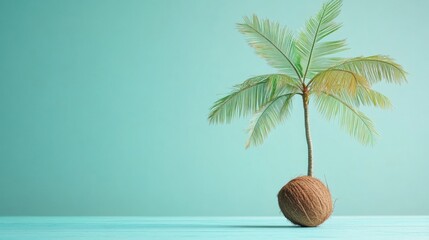 Wall Mural - Tropical beach view with a coconut palm tree and serene turquoise water perfect for relaxation and escapism. Generative AI