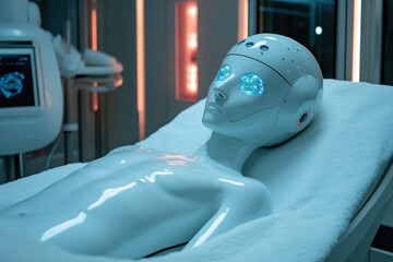 Poster - Futuristic robotic figure on examination table in a high-tech medical facility