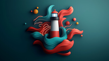 Poster - Dynamic lighthouse illustration coastal environment 3d art vibrant colors creative viewpoint coastal imagery concept for modern design