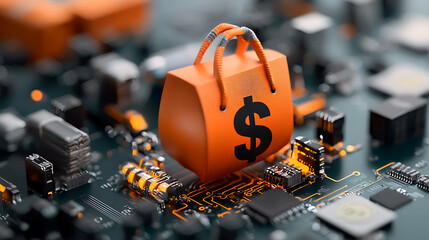 Poster - Digital shopping cart icon on circuit board e-commerce technology close-up high-tech environment conceptual viewpoint for online retail strategy