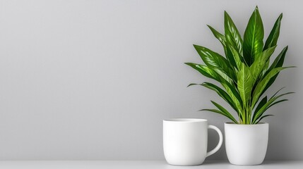 Wall Mural - Office plant, mug, grey wall background