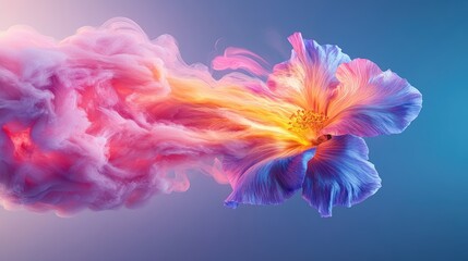 Poster - Flower floating in the air against a bright blue background capturing a serene and tranquil atmosphere
