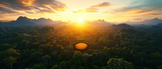 Poster - Aerial view of a vibrant sunset illuminating a lush forest landscape with a clear sky above