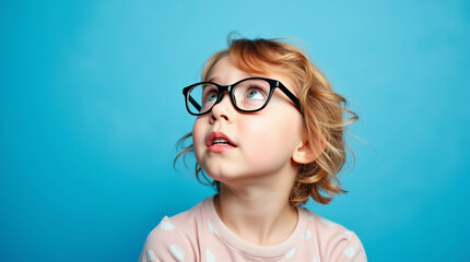 Child with curly hair and glasses looking up at blue background while pondering thoughts or daydreaming in a studio setting