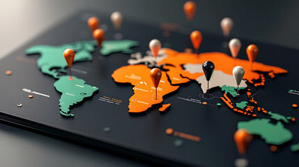 Poster - Interactive world map with location pins highlighting global connections modern office space digital visualization aerial perspective geographic insights
