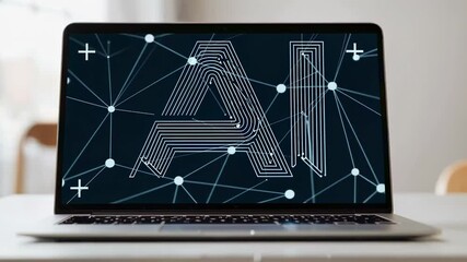 Aufkleber - Minimalist design showing an artificial intelligence logo animation on a laptop screen, presented in slow motion with network connections and plus symbols on a dark blue background