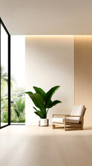 Wall Mural - A serene interior space featuring a modern chair, a large plant, and ample natural light from a large window.