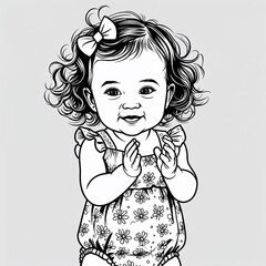 Wall Mural - A baby girl clapping with fuzzy curls wearing a summer diaper cover in a simple hand drawing flat line design