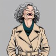 © Arceli - A middle aged woman laughing with curly bob hair wearing a winter belted coat in a simple hand drawing flat line design