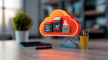 Poster - Cloud computing solutions modern office digital illustration professional environment close-up view technology integration for enhanced efficiency