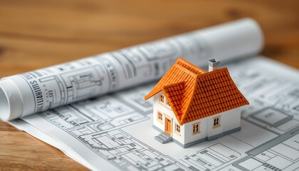 Wall Mural - miniature house model, orange tiled roof, white walls, architectural blueprints, desk scene, realist