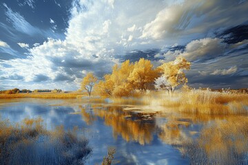 Wall Mural - Calm waters reflect vibrant trees and dramatic clouds in serene landscape during golden hour