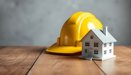 Wall Mural - construction safety, miniature house model, yellow hard hat, wooden surface, industrial concept, hom