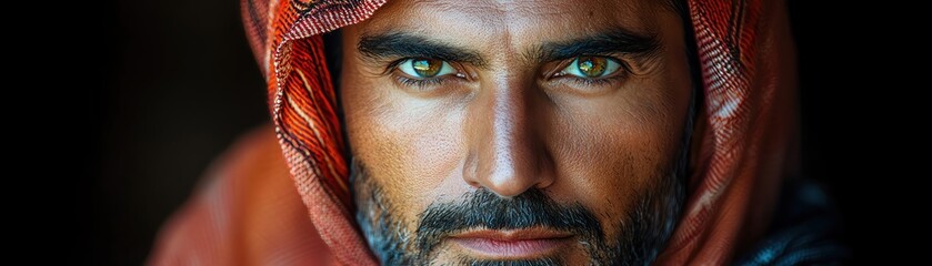 Wall Mural - Serious man in traditional attire, dark background, focused lighting, closeup